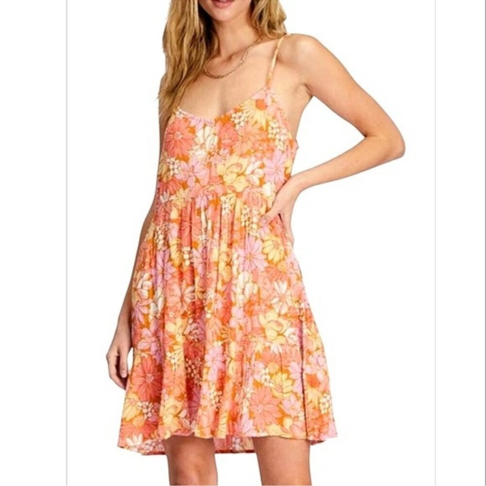 Billabong spaghetti strap tiered floral print mini dress pink yellow orange